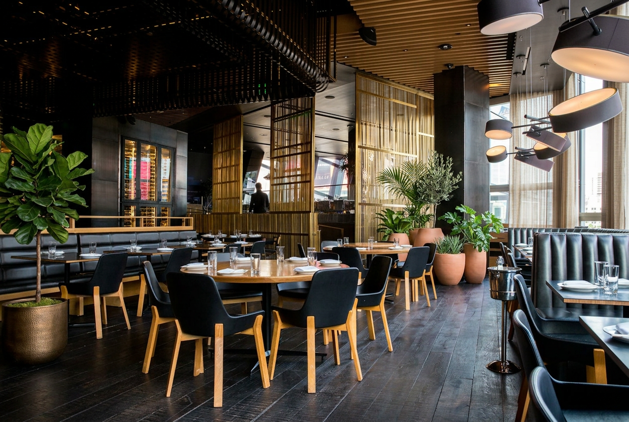 An authentic restaurant dining room with warm timber tables and natural greenery